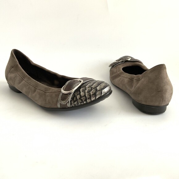 AGL Ballet Flats Size 37 Taupe Pewter Snake Cap-toe Buckle Front Shoe - Picture 3 of 12